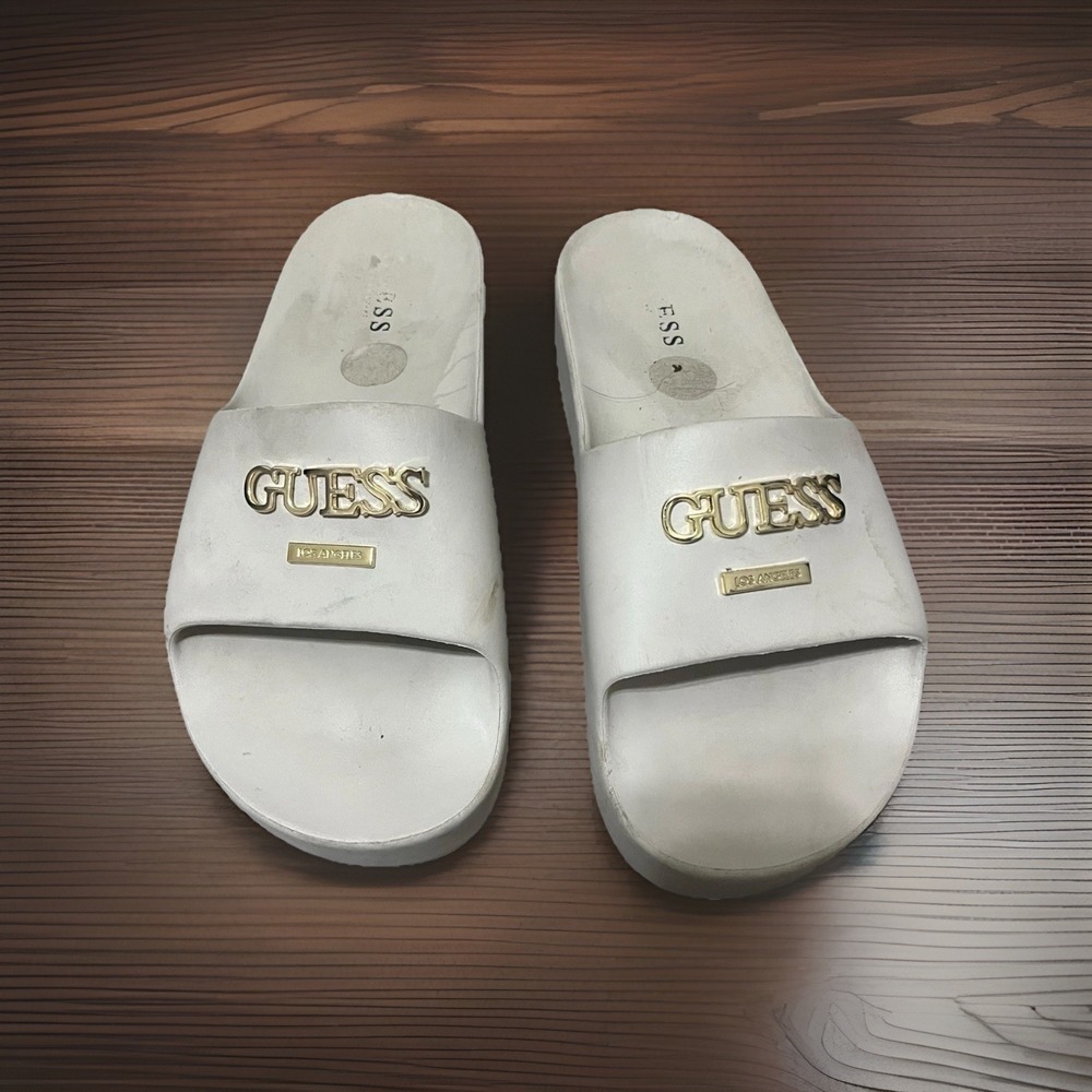 GUESS Women's Slides Size 9 Beige with Gold Detailing‎